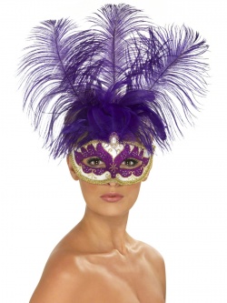 Benátská maska s peřím-fialová